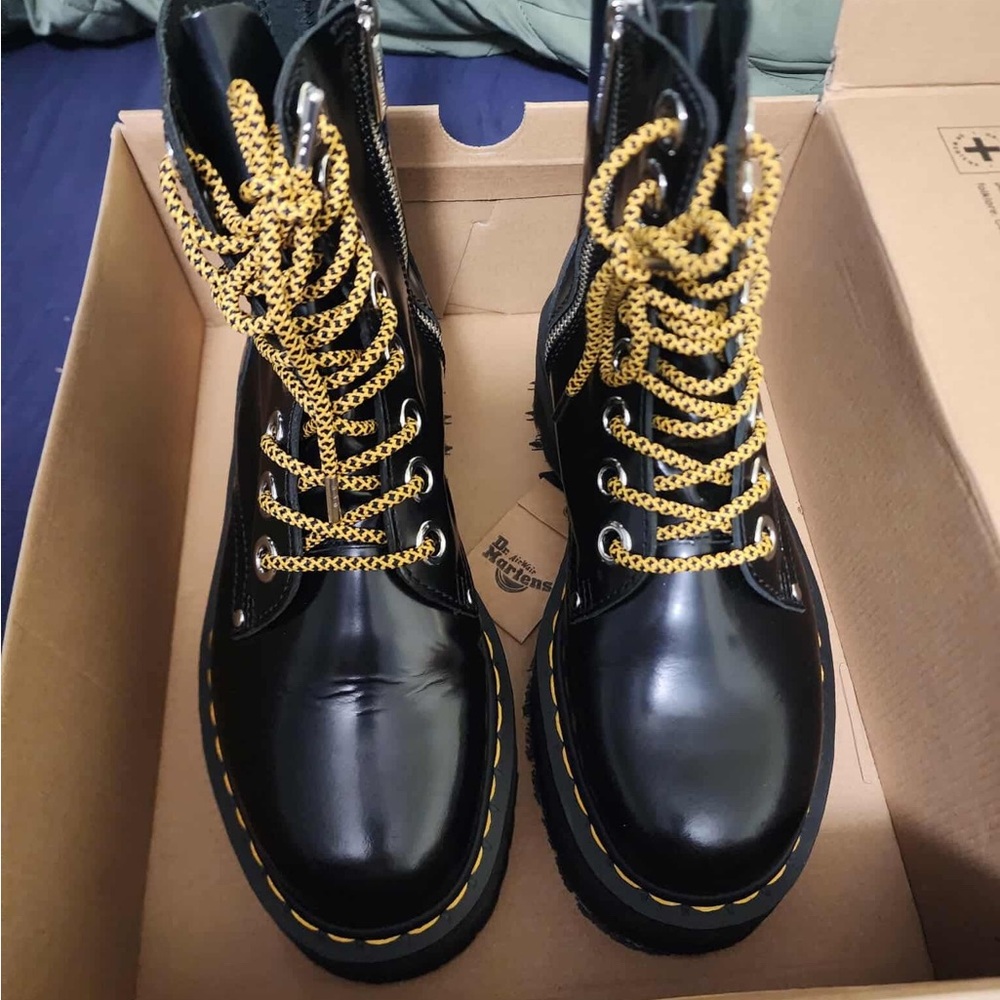 Dr. Martens Glossy Black Boots with Yellow Laces
